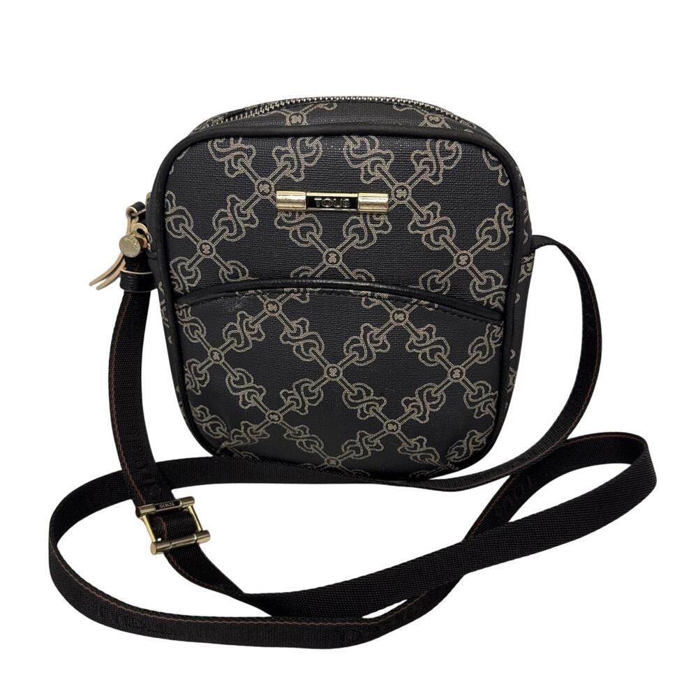 TOUS Leather Crossbody Bag Black Rectangle Chain Accent Adjustable Strap Purse